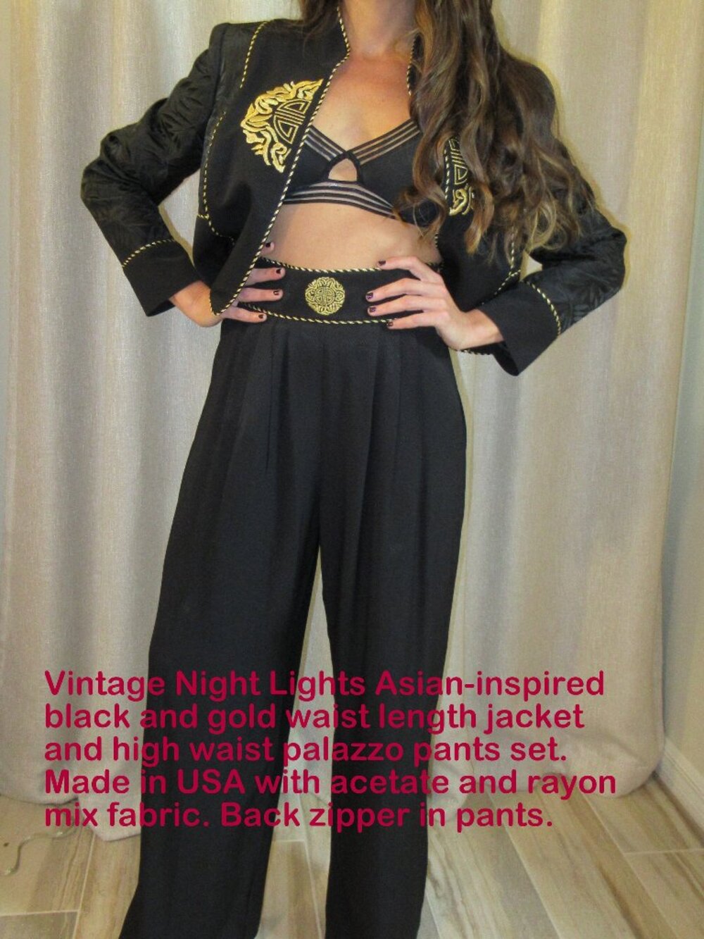 Sz SM jacket & palazzo pants, Night Lights Asian-inspired black/gold set, WOW!